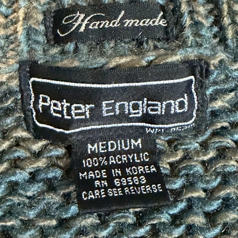Peter England Vintage Cable Knit Sweater‎ Teal Tan Textured Diamond Medium